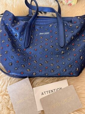 Jimmy Choo Navy Leather Star-Studded Crossbody with Red and Silver Accents